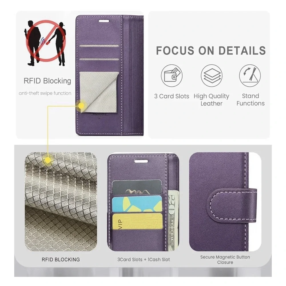 💜 Wallet Case for iPhone 15 Pro Max – Purple (RFID + Kickstand) 💜